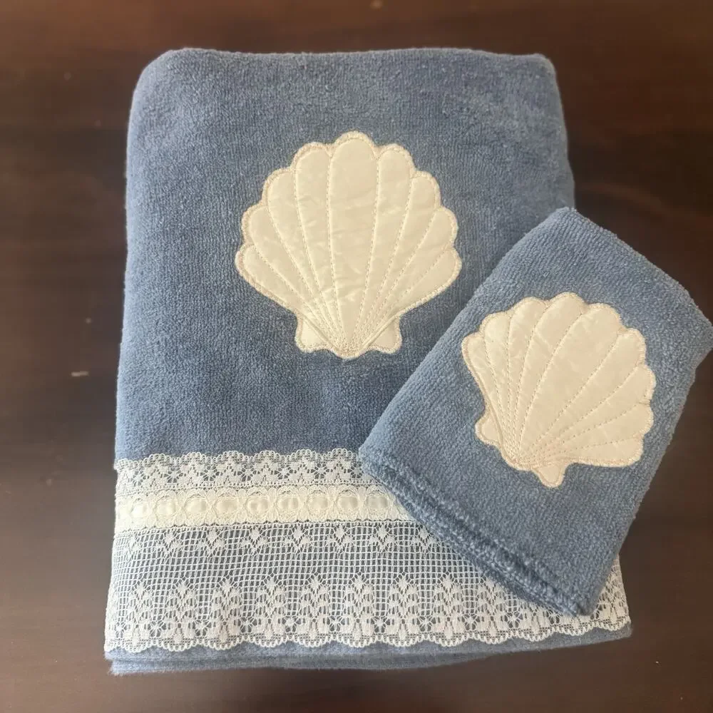 VTG Saturday Knight Bath Towel & Wash Rag Blue Sea Shell Embellished Cotton US